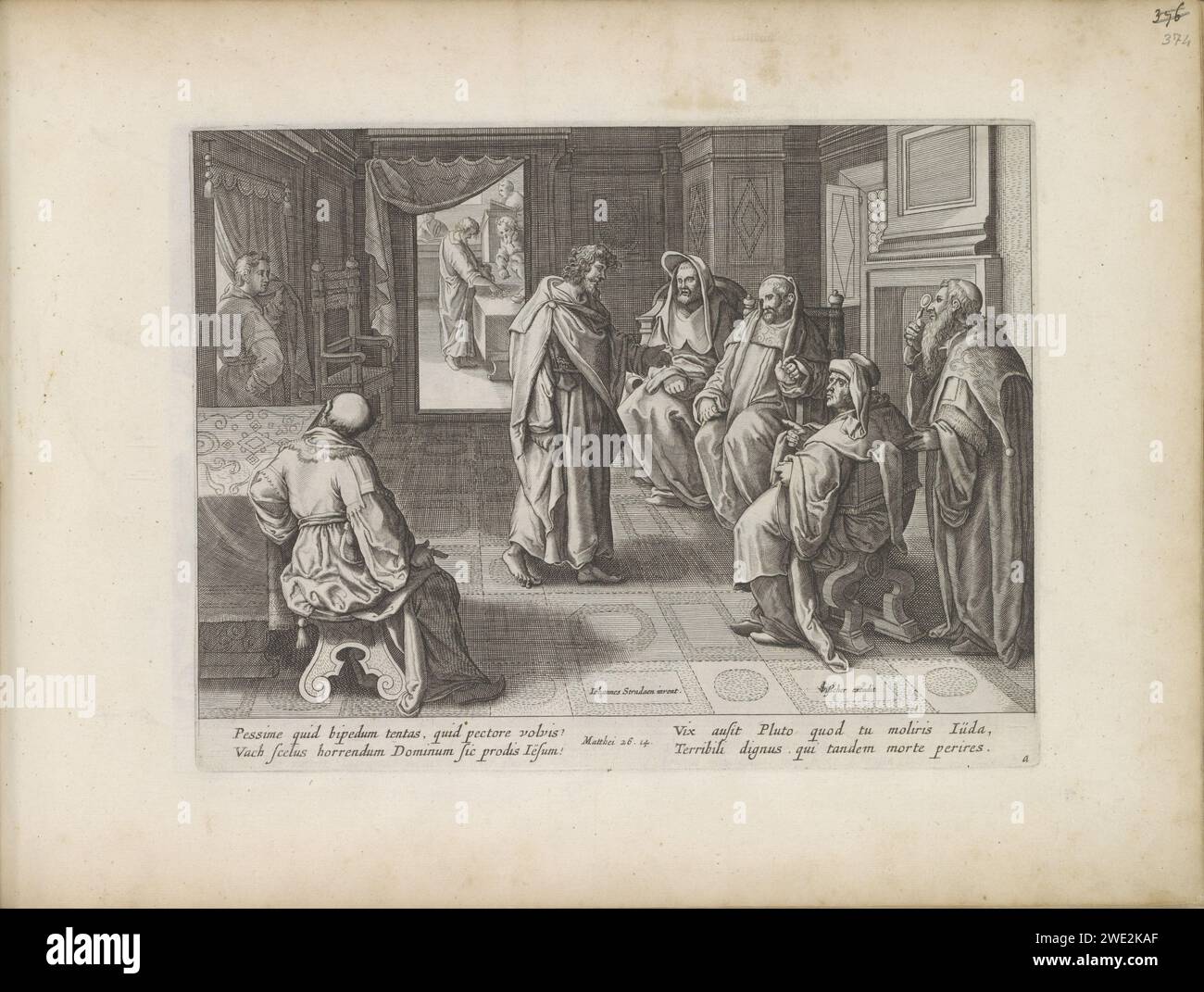 Giuda Iskariota ai Sommi sacerdoti, 1643 stampa Giuda Iskariota rappresenta i sommi sacerdoti seduti e negozia con loro su ciò che otterrà se darà loro Cristo. Trenta pezzi d'argento gli vengono pagati sullo sfondo. Sotto lo spettacolo un riferimento in latino al testo della Bibbia in Mat 26:14. In basso a destra la lettera: a. questa stampa fa parte di un album. La carta di Amsterdam che incide Giuda esce ai sommi sacerdoti, tradisce Cristo e riceve la ricompensa (Matteo 26:14-16; Marco 14:10-11; Luca 22:4-6) Foto Stock
