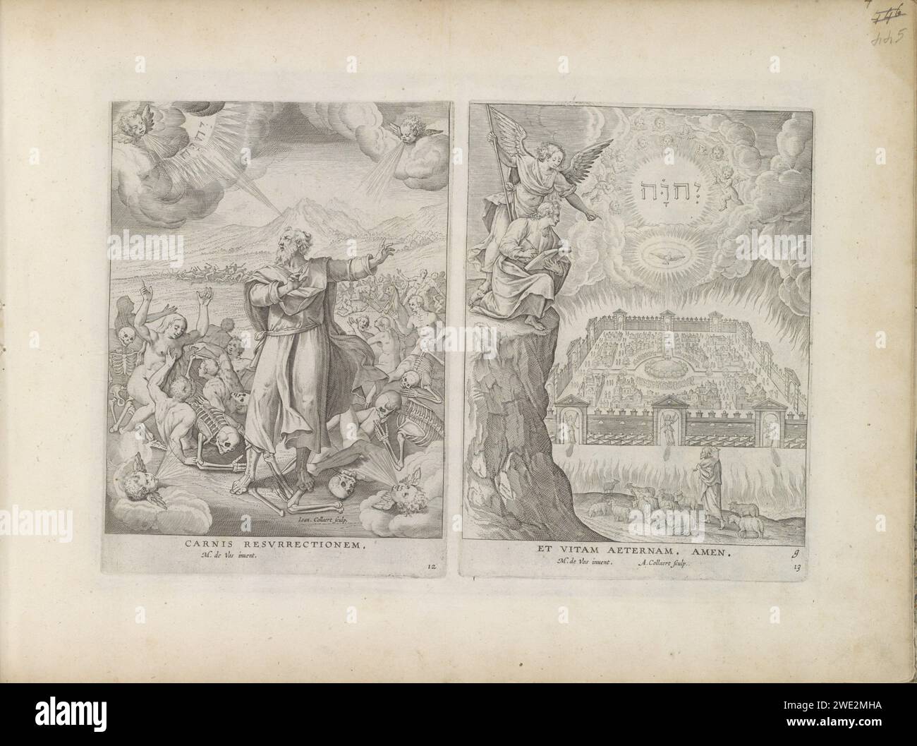 Visione di Ezechiele, 1643 stampa illustrazione dell'undicesimo articolo di fede (la risurrezione del corpo) del credo apostolico. Il profeta Ezechiele si trova in una valle piena di ossa. Egli parla a Dio padre che appare nella forma del Teragramma nel cielo. Le ossa morte prendono vita intorno a lui e vivono le persone. Questa stampa fa parte di un album. Incisione di carta di Amsterdam 'carnis resurrectionem'  articoli di fede. Visione di Ezechiele della valle delle ossa secche (Ezechiele 37:1-10) Foto Stock