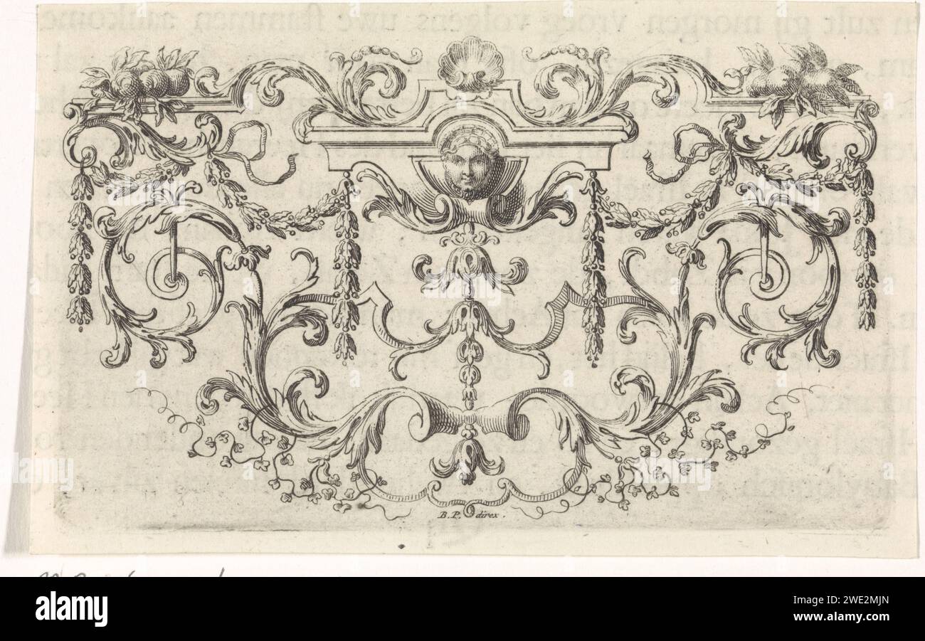 Ornamento con mascaron, ghirlande, viti a foglia e conchiglia, Bernard Picart (laboratorio di), 1683 - 1733 stampa Amsterdam carta incisione / incisione / stampa tipografica fogliame, tendini, rami ~ ornamento. ornamento ~ festoon, garland. maschera, mascaron ~ ornamento. capesante, calotta ~ ornamento Foto Stock
