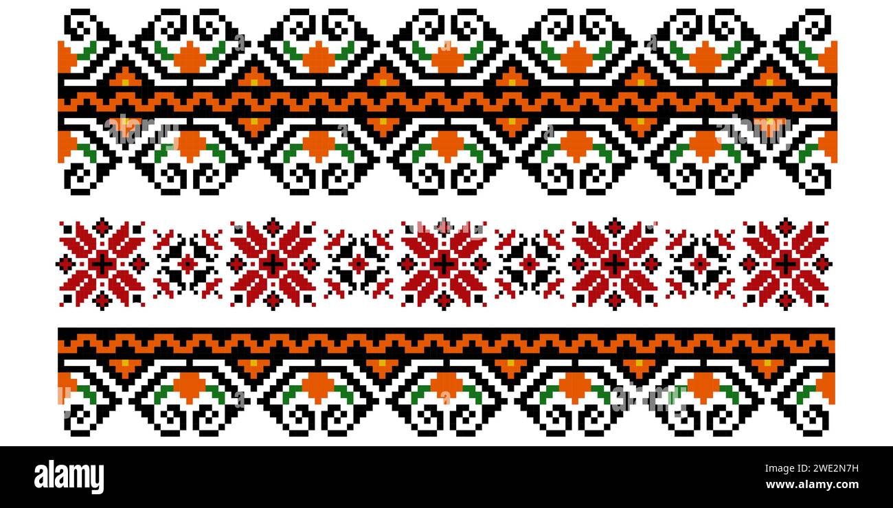 Set di motivi etnici ucraini senza cuciture e colorati modificabili per cuciture da ricamo. Ornamenti floreali e geometrici. Illustrazione Vettoriale