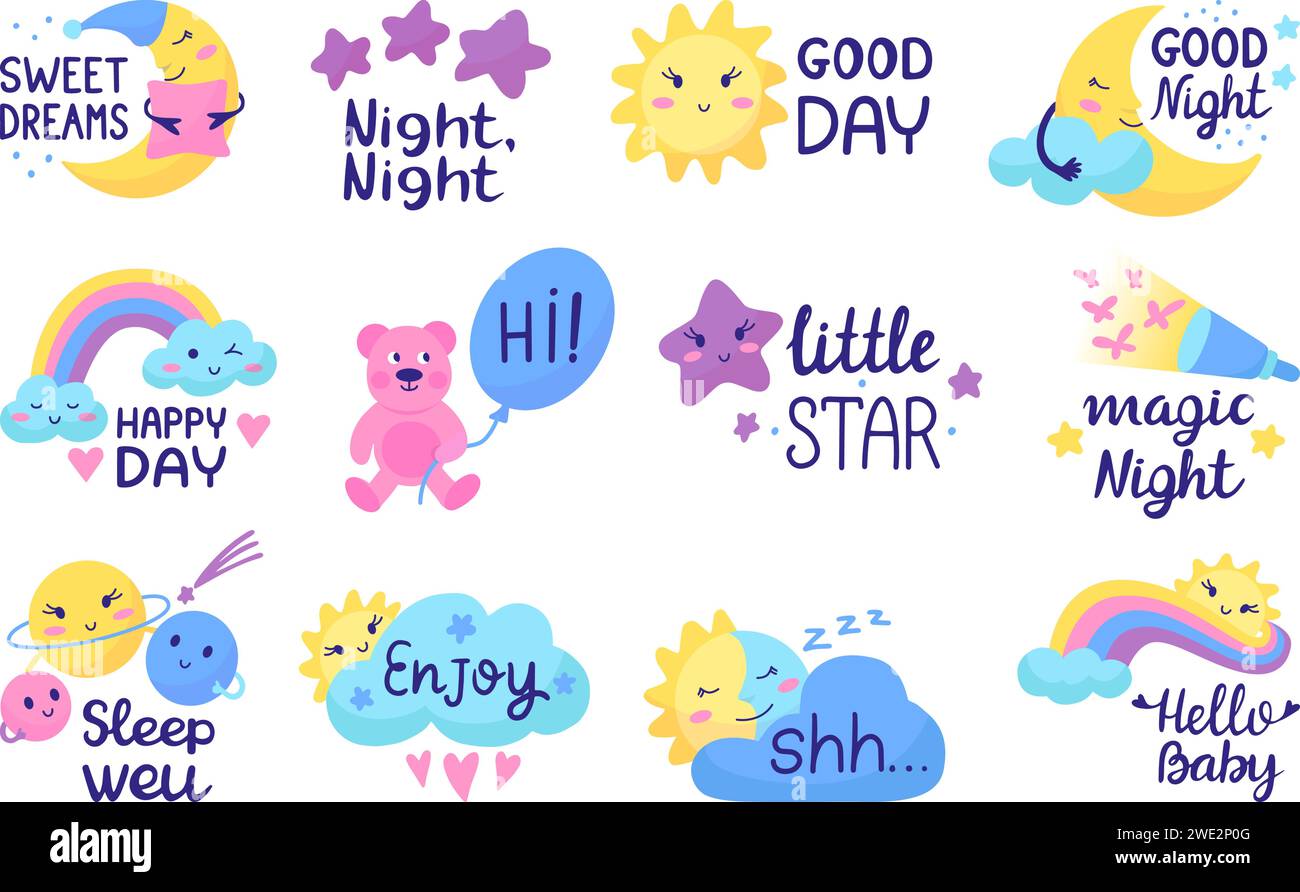Le frasi lettering dei bambini del mattino e del sonno positivo. Citazioni isolate con luna, sole e nuvole. Modelli per la stampa di T-shirt, vettore neoterico infantile Illustrazione Vettoriale