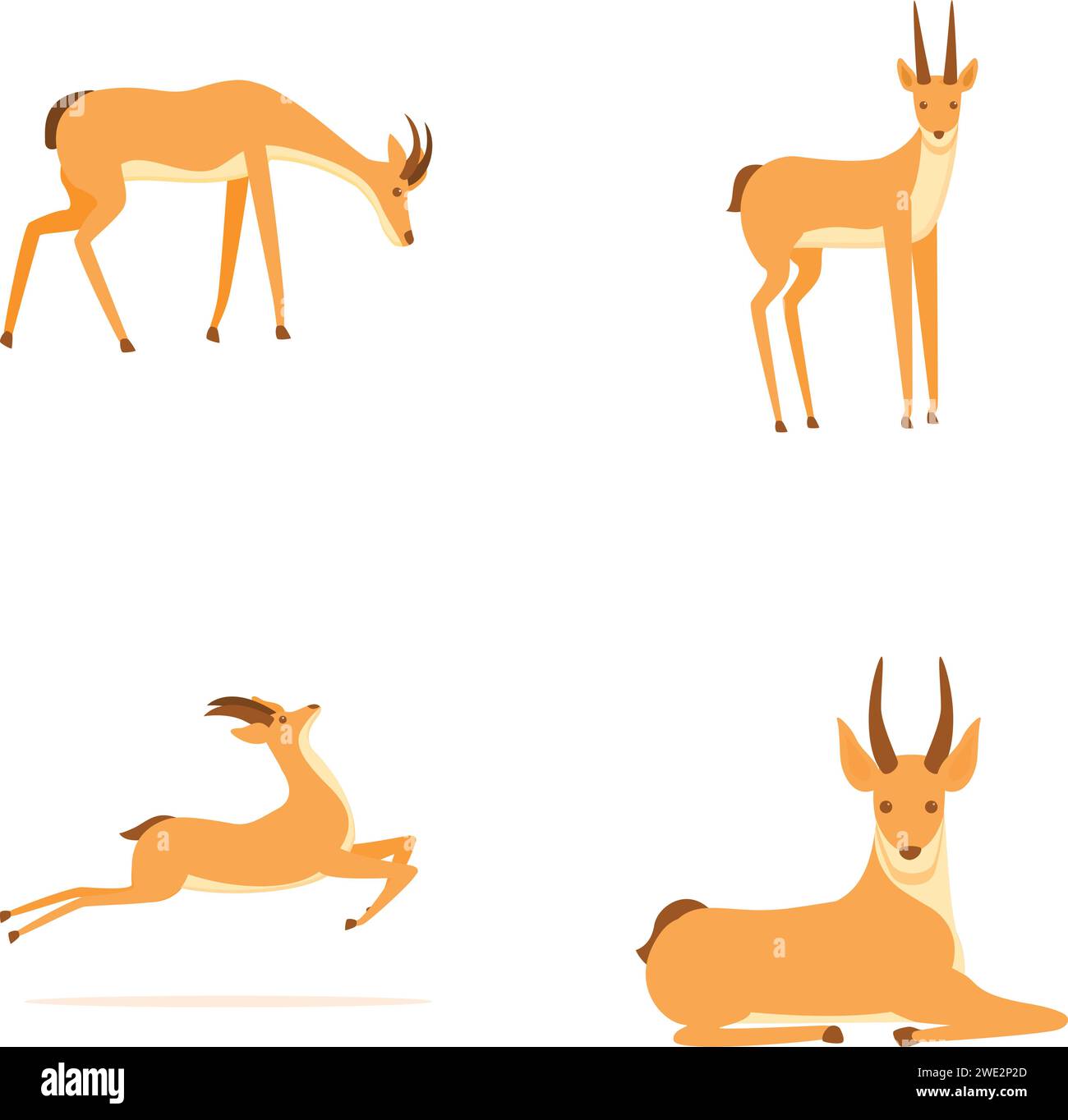 Le icone delle gazzelle impostano il vettore dei cartoni animati. Gazzella africana dalla coda nera selvatica. Personaggio dei cartoni animati Illustrazione Vettoriale