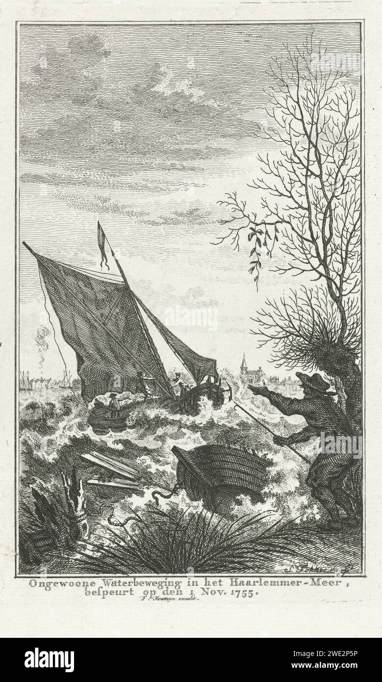 Turbulent Water in the Haarlemmermeer, 1755, Simon Fokke, 1755 - 1757 stampa presentazione della storia nazionale. Acqua insolitamente turbolenta, durante il tempo tranquillo, a Haarlemmermeer il 1° novembre 1755. Sulle barche d'acqua bisognose, un uomo guarda la banca. Amsterdam cartaceo fenomeni meteorologici Haarlemmermeer Foto Stock