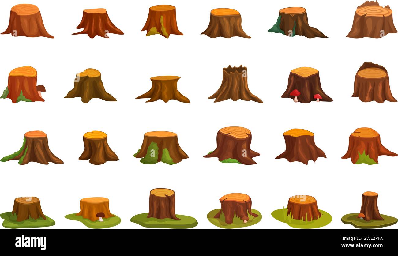 Le icone del ceppo forestale impostano il vettore dei cartoni animati. Taglio di alberi. Deforestazione a stoppo Illustrazione Vettoriale