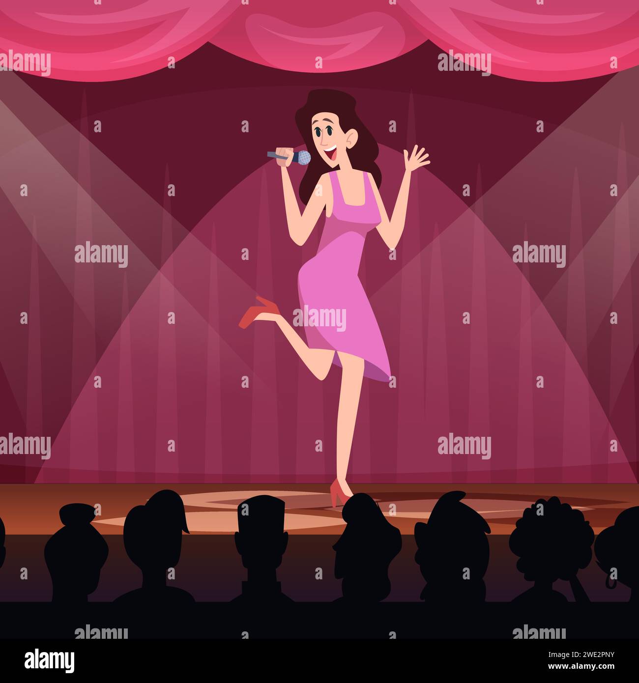 Cantante sul palco spettacolo musicale vettoriale cantante femminile con microfono Illustrazione Vettoriale