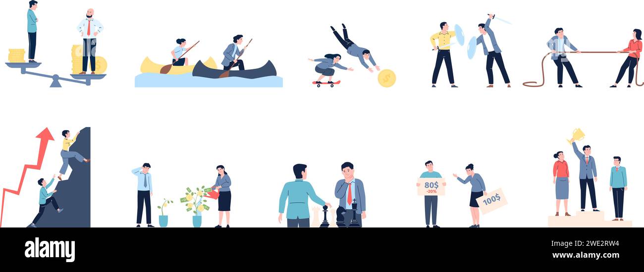 Competizione di lotta per la carriera. Concorrenza per gli uffici dei lavoratori aziendali. Vincitore e vittoria, divario salariale e raggiungimento. Leadership recenti scene vettoriali Illustrazione Vettoriale
