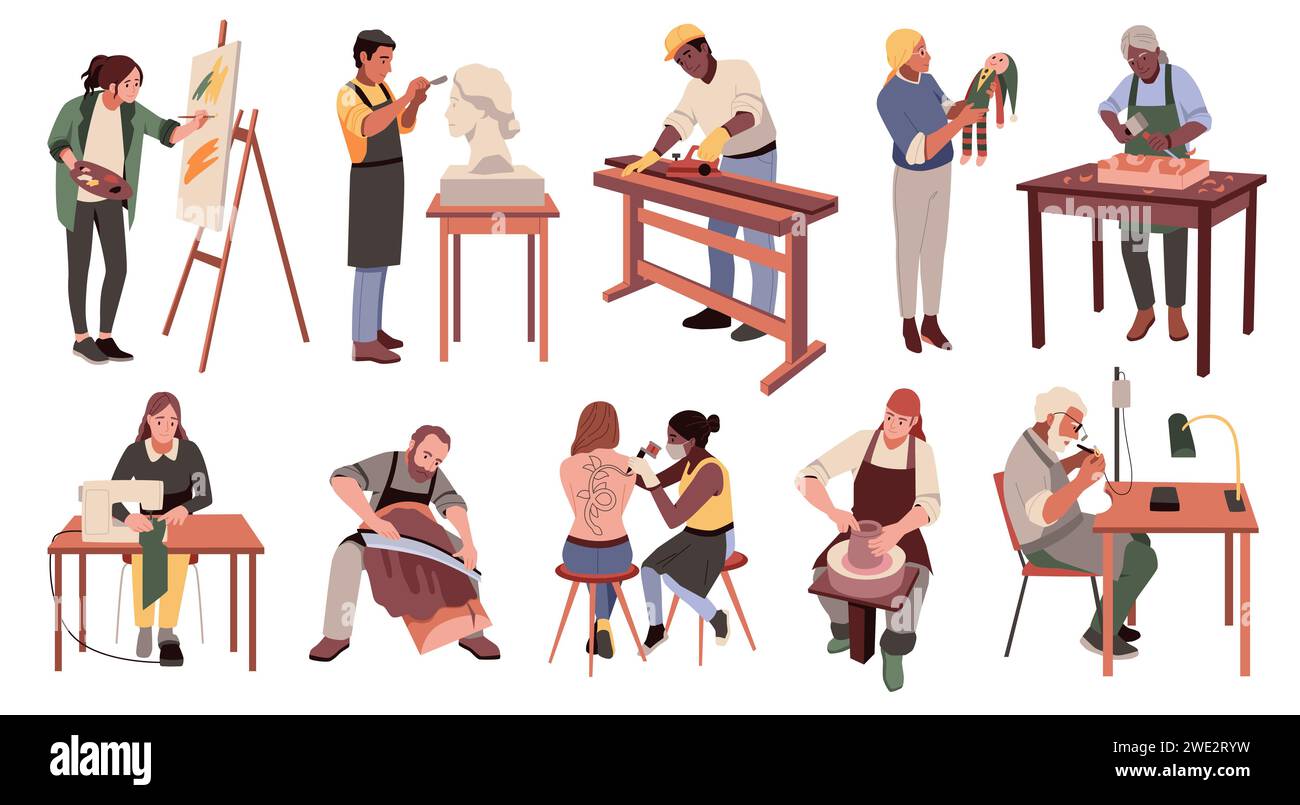 Artigiani dei cartoni animati. Persone impegnate nell'artigianato, negli hobby e nelle professioni, nei maestri, negli scultori, nei pittori, vasai e gioiellieri. Le persone fanno tatuaggi e. Illustrazione Vettoriale