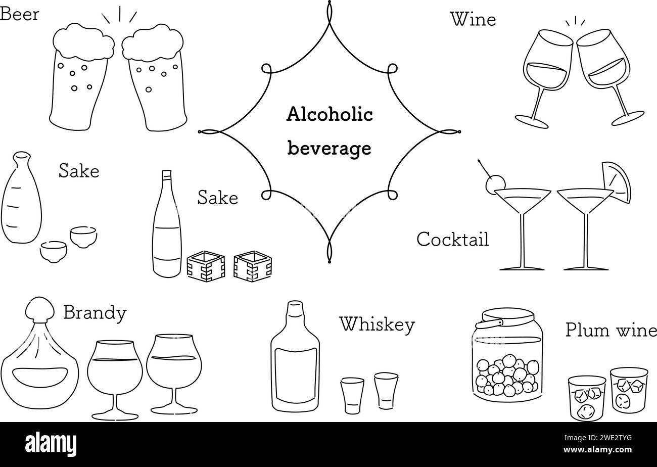 Sake al sake occidentale, cocktail, set di birre, semplici illustrazioni di linee, illustrazione vettoriale Illustrazione Vettoriale