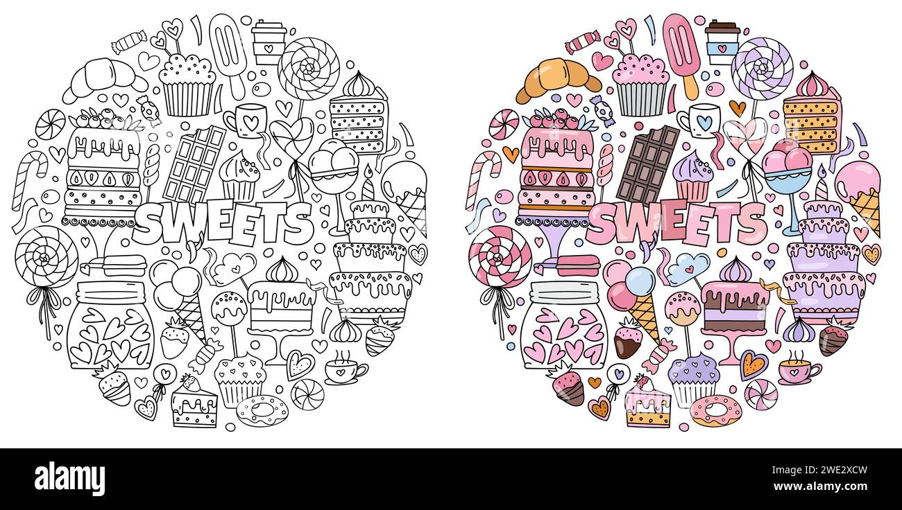 Doodles disegnati a mano a tema dolci, tra cui Una serie di foto con torte, caramelle e altre prelibatezze colorate per alleviare lo stress Illustrazione Vettoriale