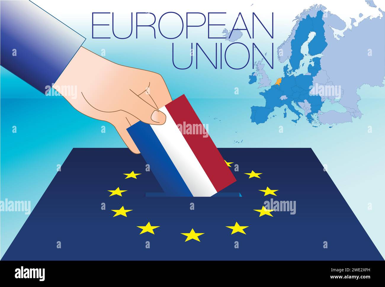 Unione europea, casella di voto, elezioni del parlamento europeo, bandiera e mappa dei Paesi Bassi, illustrazione vettoriale Illustrazione Vettoriale