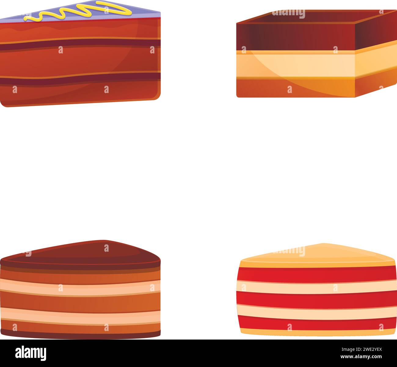 Le icone delle fette di torta impostano il vettore dei cartoni animati. Pezzo di torta dolce colorata. Cibo dolce Illustrazione Vettoriale