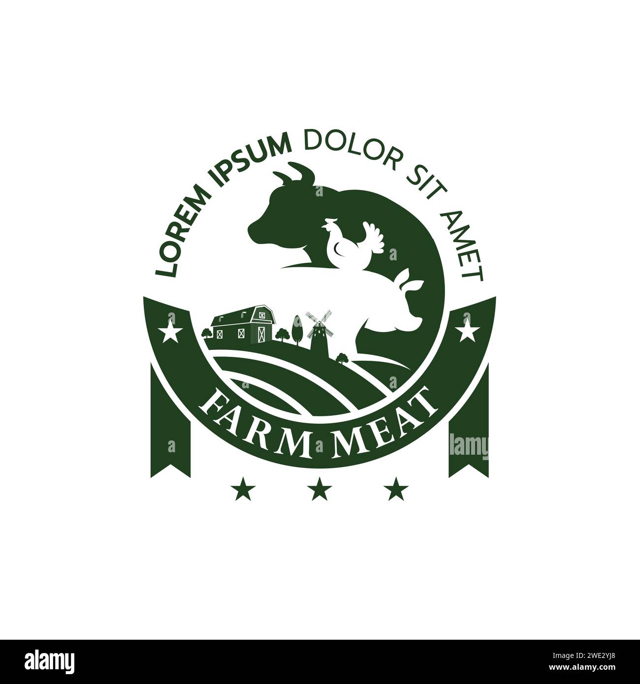 Modello di logo Creative Ideas of Farm, logo Farm Animals su sfondo bianco illustrazione vettoriale Illustrazione Vettoriale