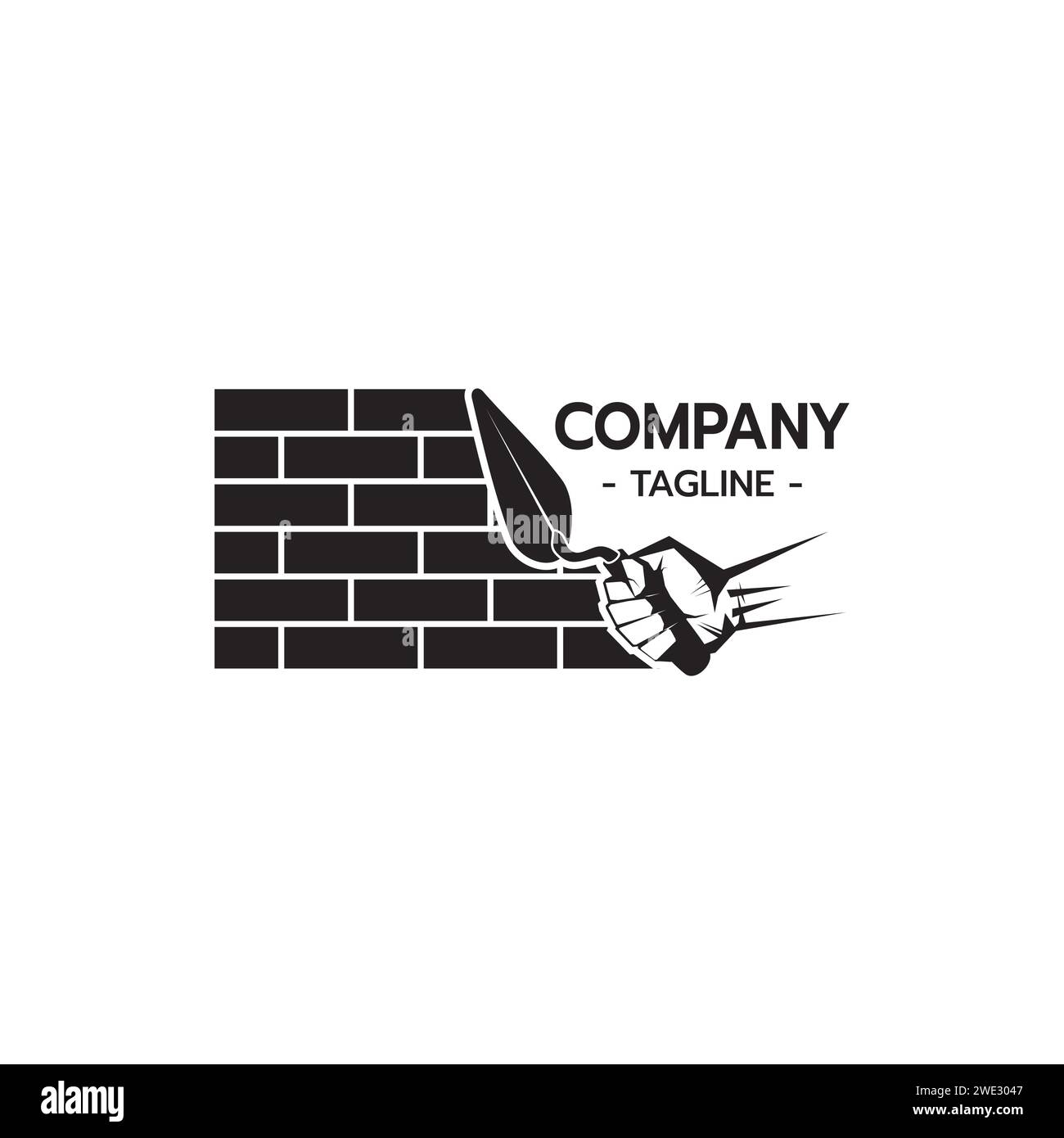 Logo muratore con cazzuola di sostegno a mano costruzione cemento cemento concetto su sfondo bianco illustrazione vettoriale Illustrazione Vettoriale