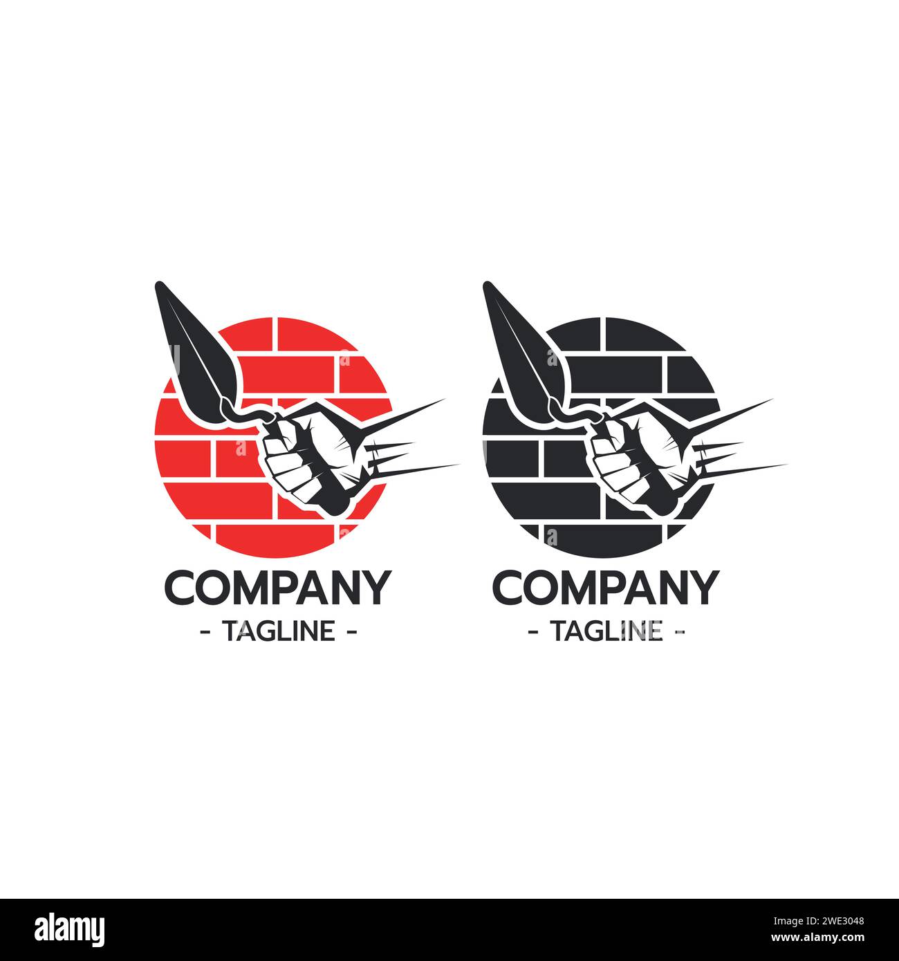 Logo muratore con cazzuola di sostegno a mano costruzione cemento cemento concetto su sfondo bianco illustrazione vettoriale Illustrazione Vettoriale