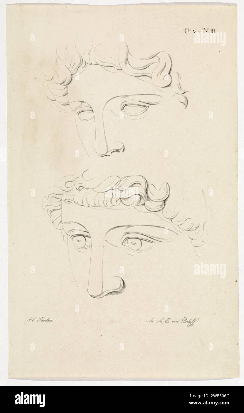Due facce di sculture classiche, Henricus Turks, 1822 fogli stampati con due metà facce l'una sopra l'altra. Sopra la faccia di una scultura classica dell'ISIS. Sotto il volto di una scultura classica di Antinüs. Stampa da un libro per la formazione sul disegno. In alto a destra un riferimento a Cahier V, no III. Gli occhi di carta Bosch. attrezzi, attrezzi del disegnatore Foto Stock