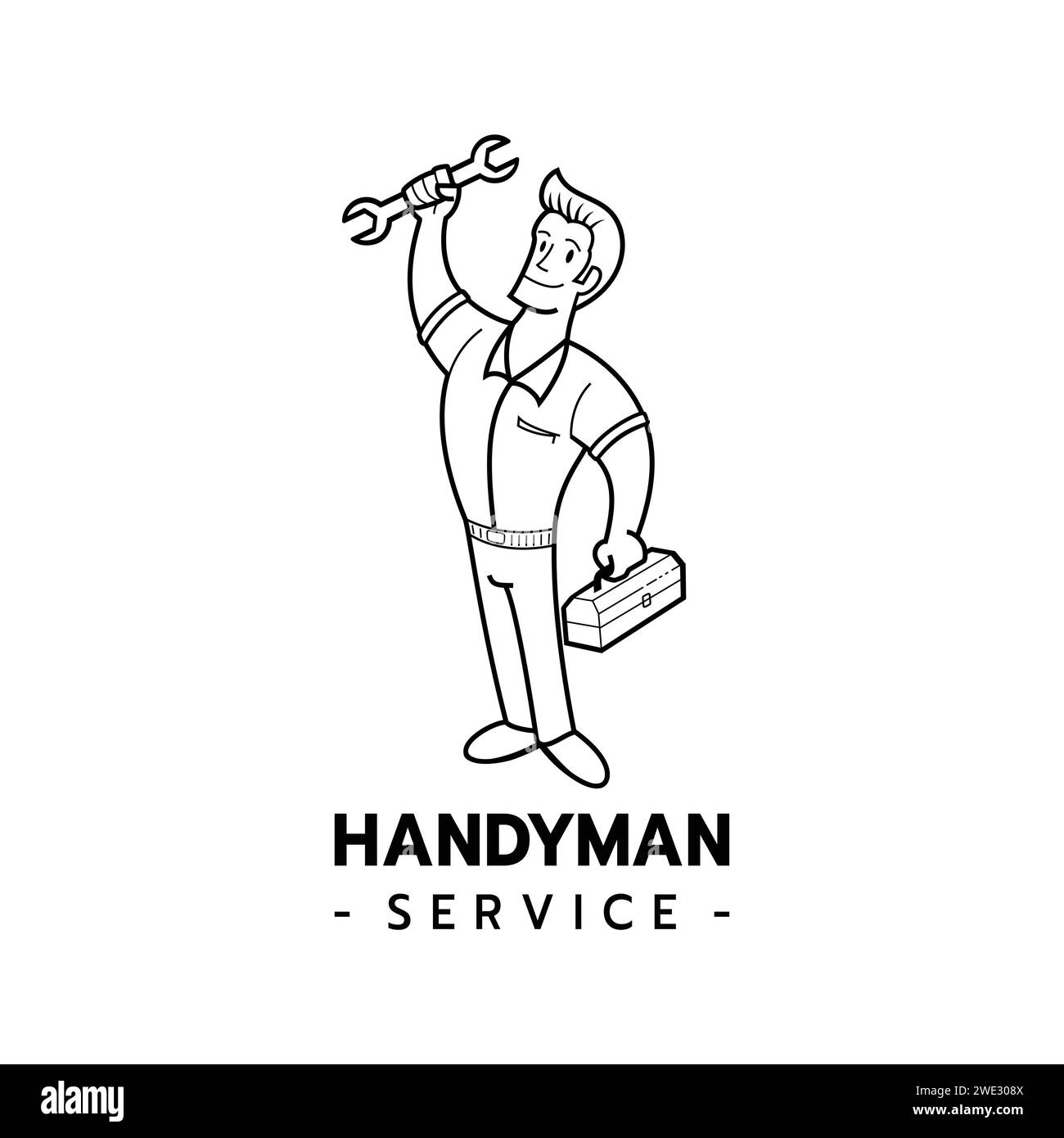 Logo Mechanic Man, Handyman for Service, Repairman or Maintenance Mascot Concept Cartoon Character Design isolato su sfondo bianco Vector illustra Illustrazione Vettoriale