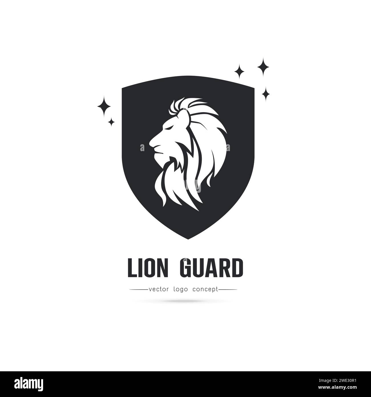 Immagine stilizzata del grazioso modello di emblema dell'icona del logo della silhouette del re Leone, set di elegante design con logo della testa di leone, tatuaggio del leone su sfondo bianco VECTO Illustrazione Vettoriale