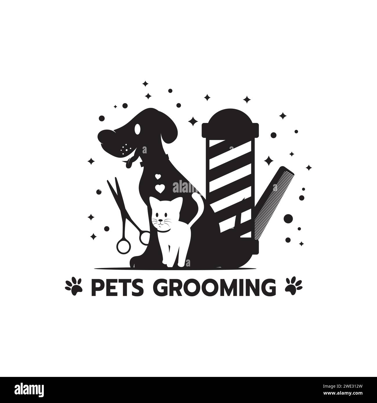 Logo del parrucchiere per animali domestici, negozio di cura e styling, negozio per cani e servizi di assistenza per gatti logo su sfondo bianco illustrazione vettoriale Illustrazione Vettoriale
