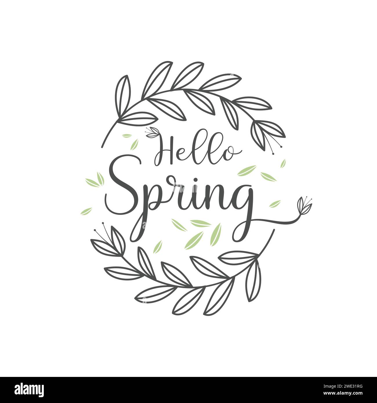 Ciao, design a molla. Corone floreali isolate su bianco con testo a molla su sfondo bianco illustrazione vettoriale. Può essere utilizzato per cartoline, stampe, Illustrazione Vettoriale