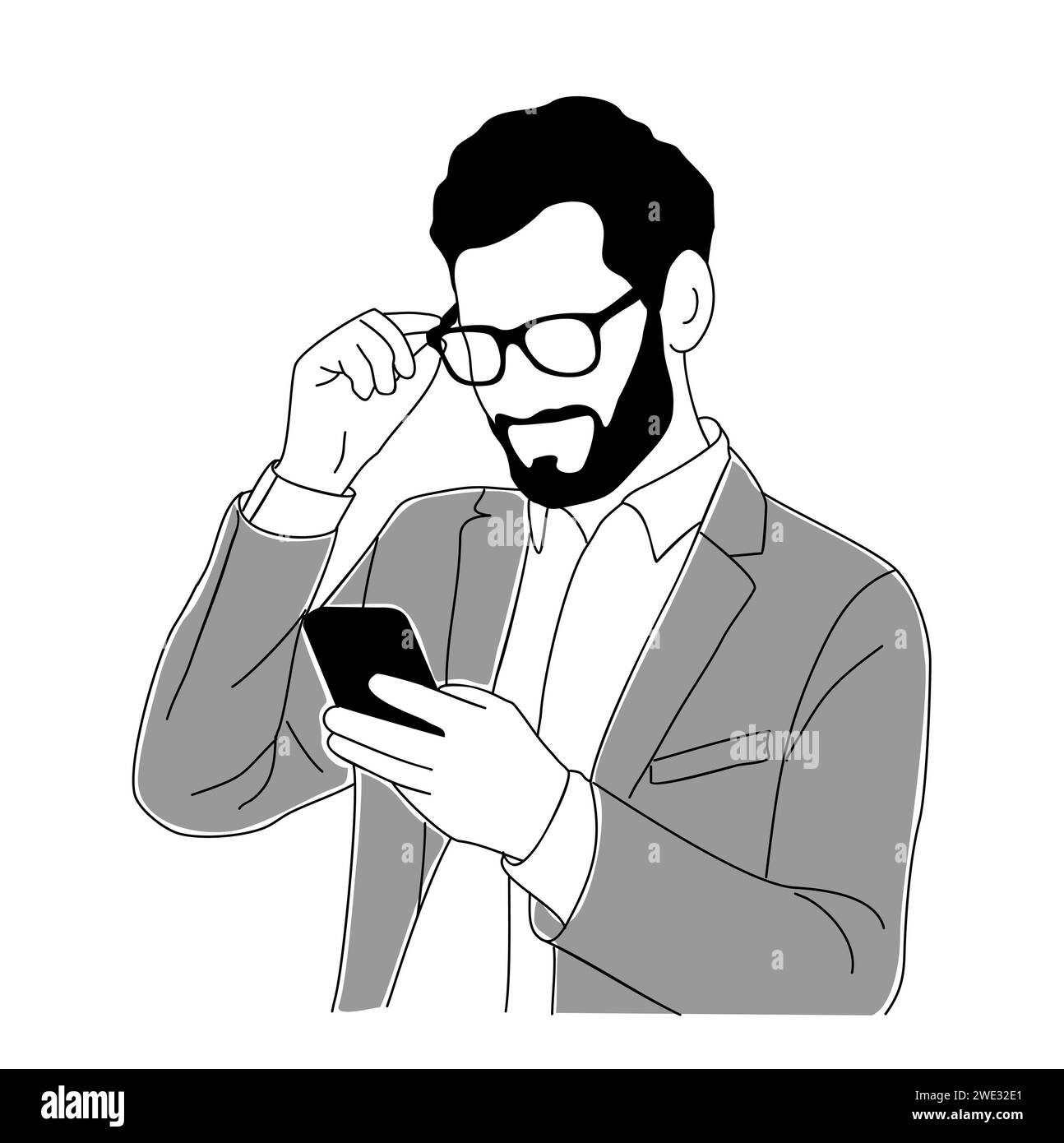 Uomo d'affari che tiene in mano, usando un vettore di telefonia mobile. Illustrazione Vettoriale