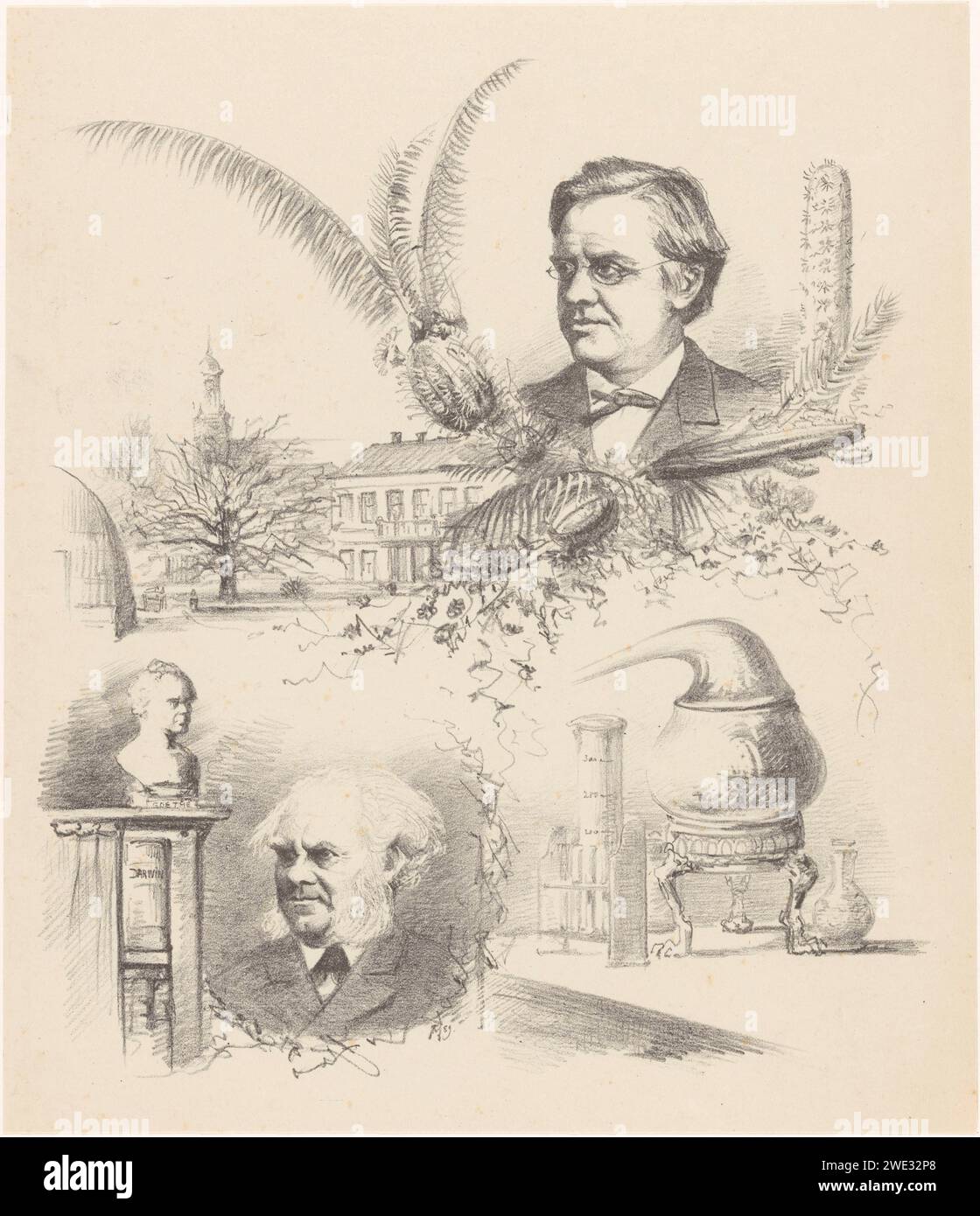 Quattro spettacoli riguardanti il Congresso natura e medico di Leida, Theo Van Hoytema, 1889 stampa in alto un ritratto del prof. dr. Dr. W.F.R. Suringar; in basso un ritratto del Prof. dr. Dr. J.W. Gunning e un busto di Goethe. A sinistra l'Hortus Botanicus di Leida; a destra un tavolo con vetreria da laboratorio. apparecchiature e apparecchiature per laboratori di carta. professor Hortus Botanicus Foto Stock