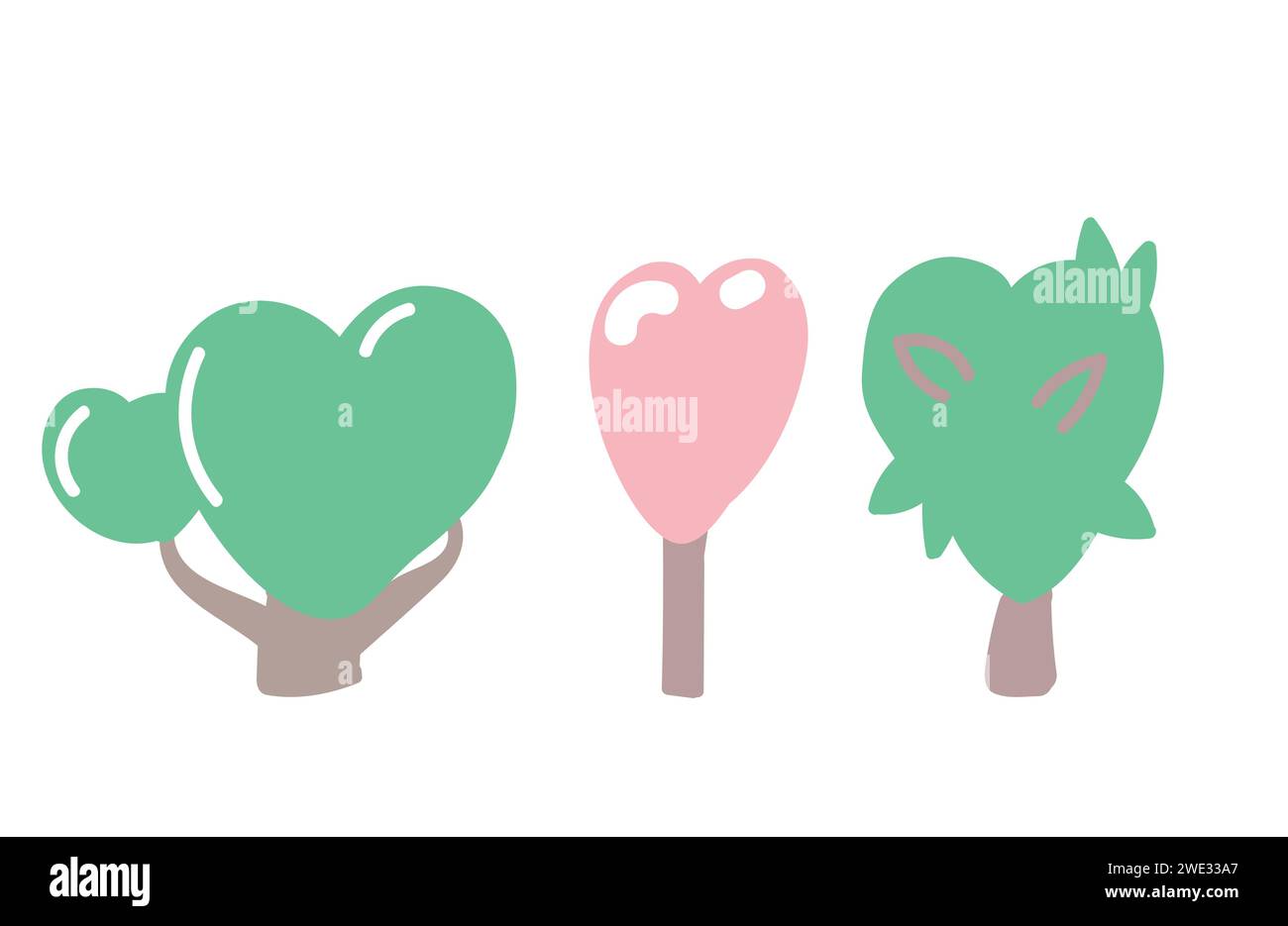 Un insieme di alberi con una corona a forma di cuore. Arte per San Valentino. Illustrazione vettoriale isolata Illustrazione Vettoriale