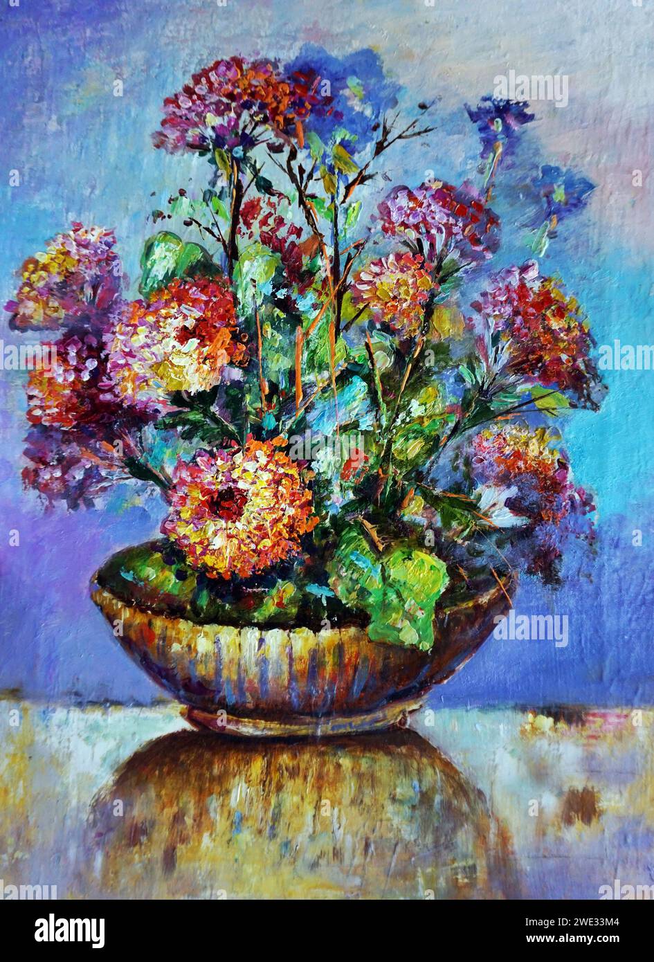 Pittura d'arte originale fiore di petali di colore olio in vaso Foto Stock