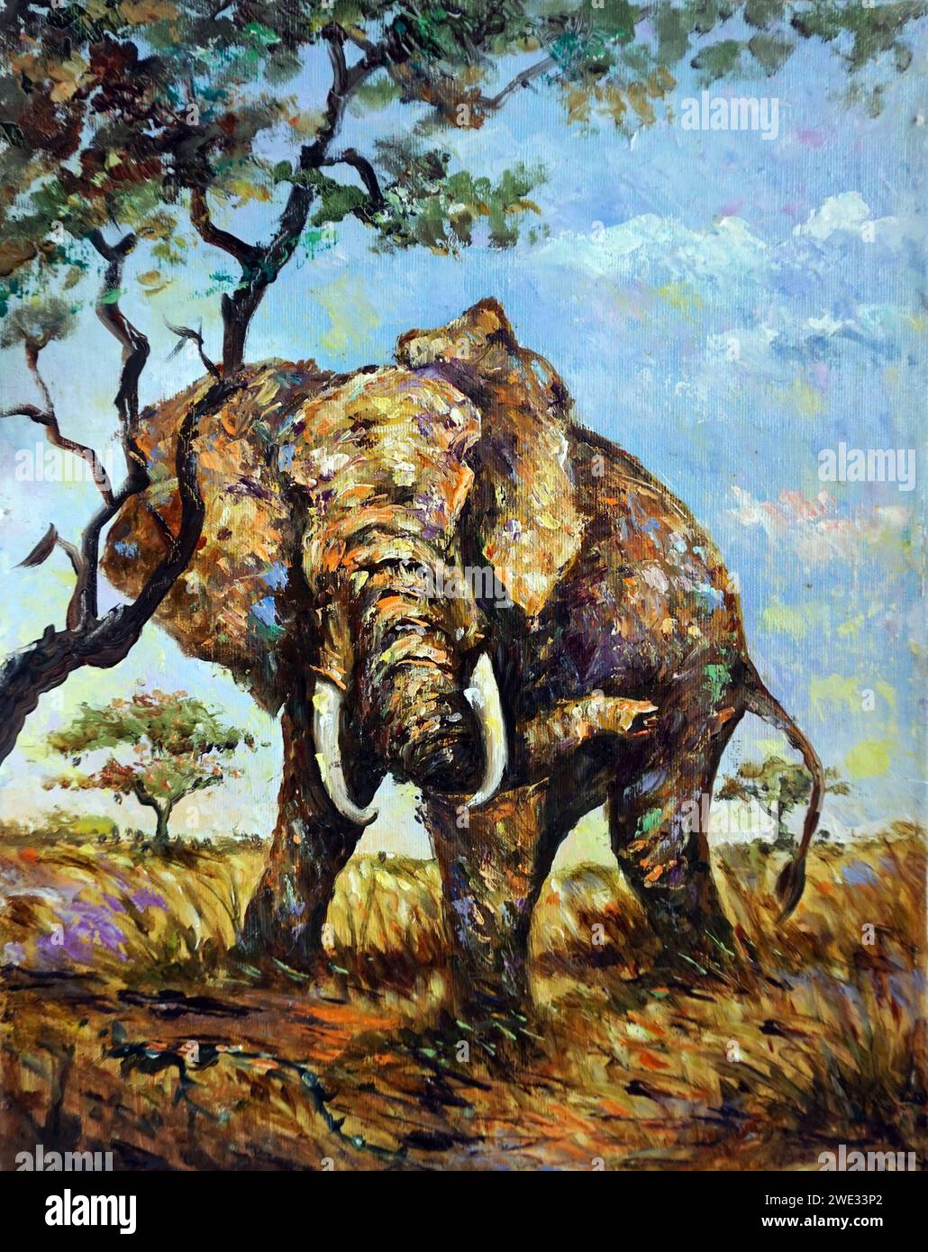 Pittura ad olio elefante africa nella foresta Foto Stock