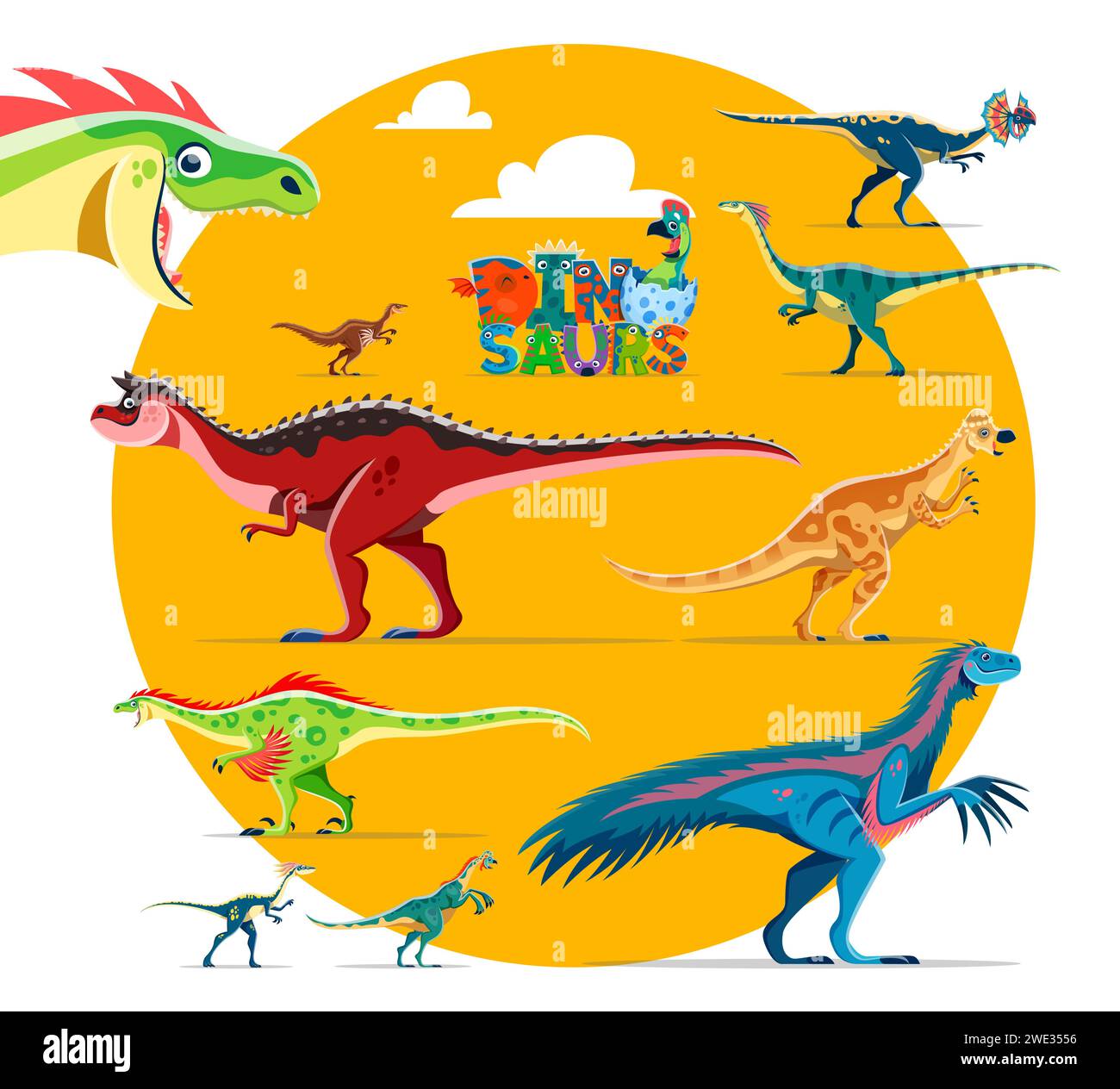 Personaggi dei cartoni animati dei dinosauri. Dilophosaur, Gallimimus, Carnotaurus e Pachycephalosaurus, Therizinosaurus e Oviraptor, dinosauri Compsognathus, personaggi allegri di rettili estinti o di lucertola vettoriali Illustrazione Vettoriale