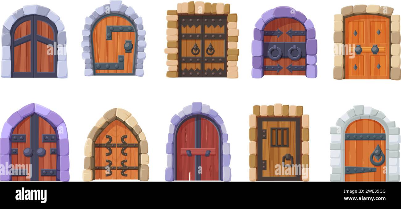 Porte medievali dei cartoni animati. Vecchia porta del castello, entrata in pietra. Ingressi in legno vintage con dettagli in metallo, ingresso sotterraneo e clipart vettoriale Illustrazione Vettoriale