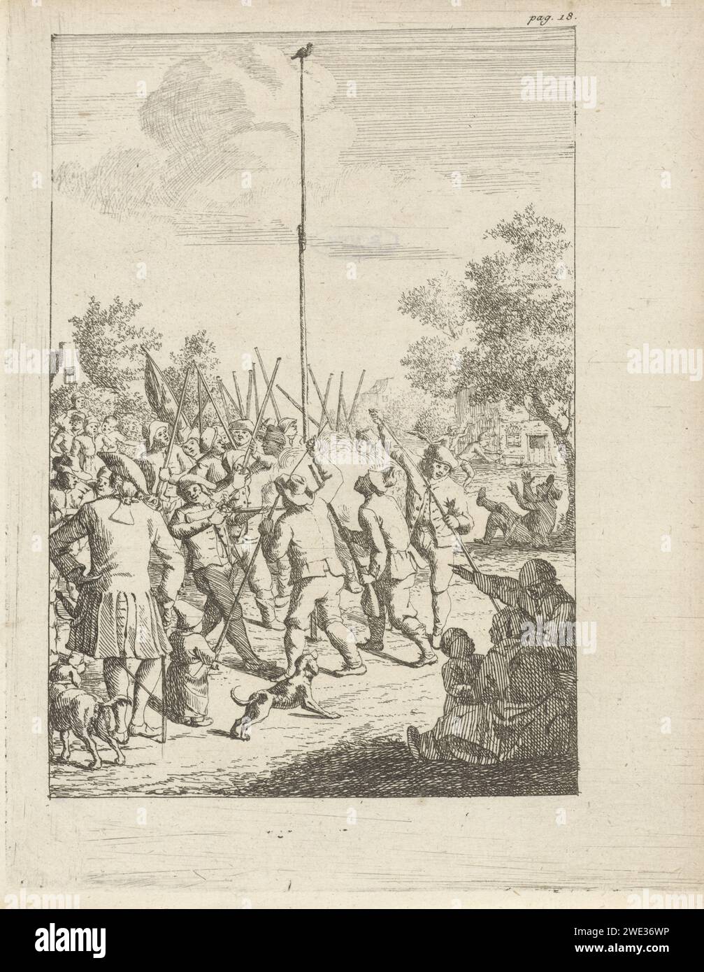 Sparatoria di uccelli a una festa dei tiratori, Frans Greenwood, 1733 stampa diversi tiratori cercano di sparare a un uccello di legno da un palo con le loro pistole. Uomini, donne e bambini guardano intorno a loro. Coltivatori di acquaforte per la carta di Rotterdam. tiro all'uccello (su un palo alto). piacere equo e circo Foto Stock