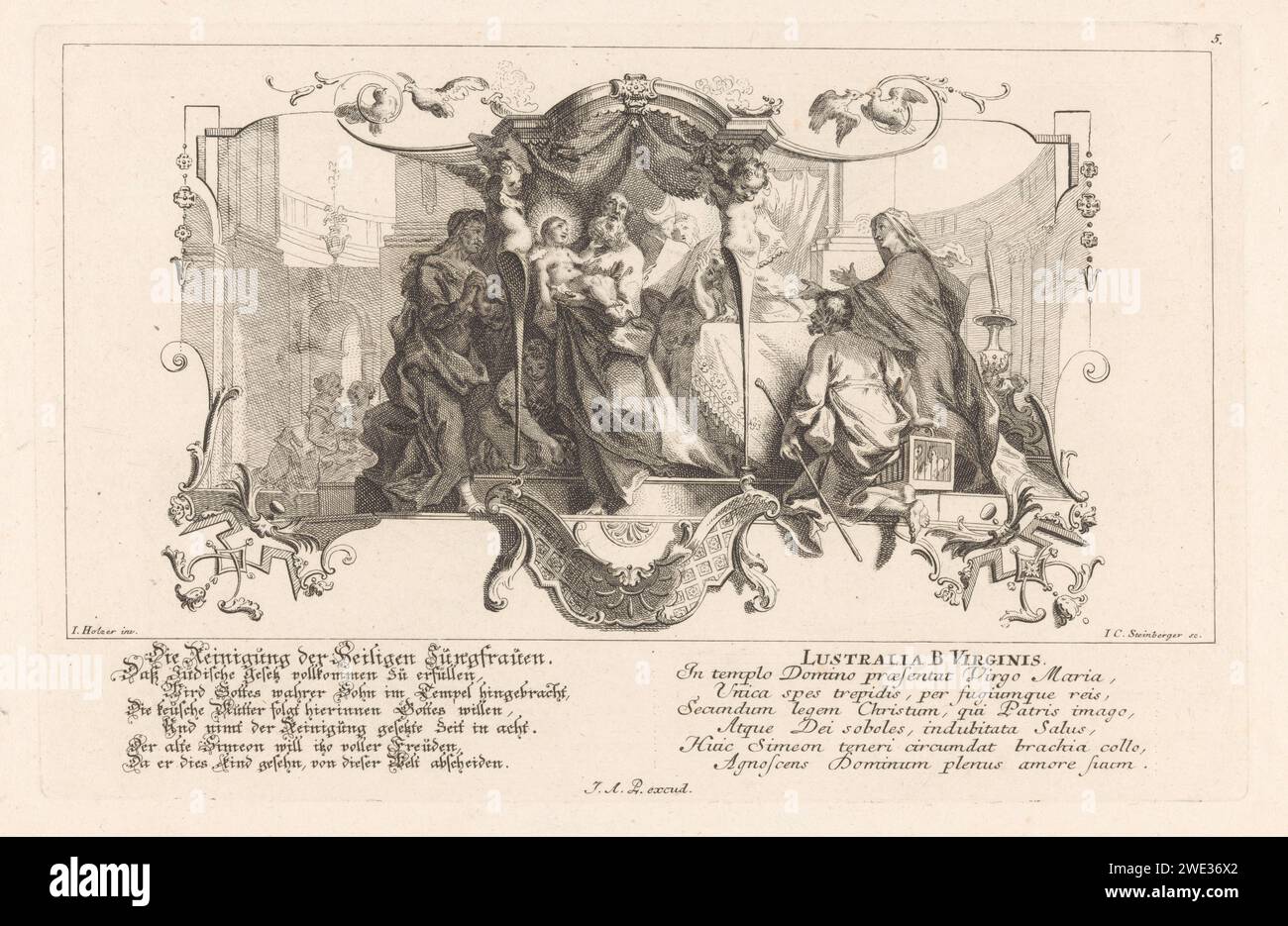 Open Drag in de Temple, Johann Christoph Steinberger, dopo Johann Evangelist Holzer, 1719 - 1727 stampare l'assegnazione nel tempio. In un tempio, Simeone dedica il bambino di Cristo a Dio alla presenza di Maria e Giuseppe e dei Profeti Anna. Tra Maria e Giove c'è una gabbia con due piccioni, l'offerta per la purificazione di Maria. Intorno allo spettacolo una rocaille con piccioni. Due volte un testo tedesco e latino a sette righe nel margine inferiore. Il giornale di Augusta incide Simeon, tenendo in mano il Cristo bambino, canta il suo cantico: "Nunc dimittis" Foto Stock