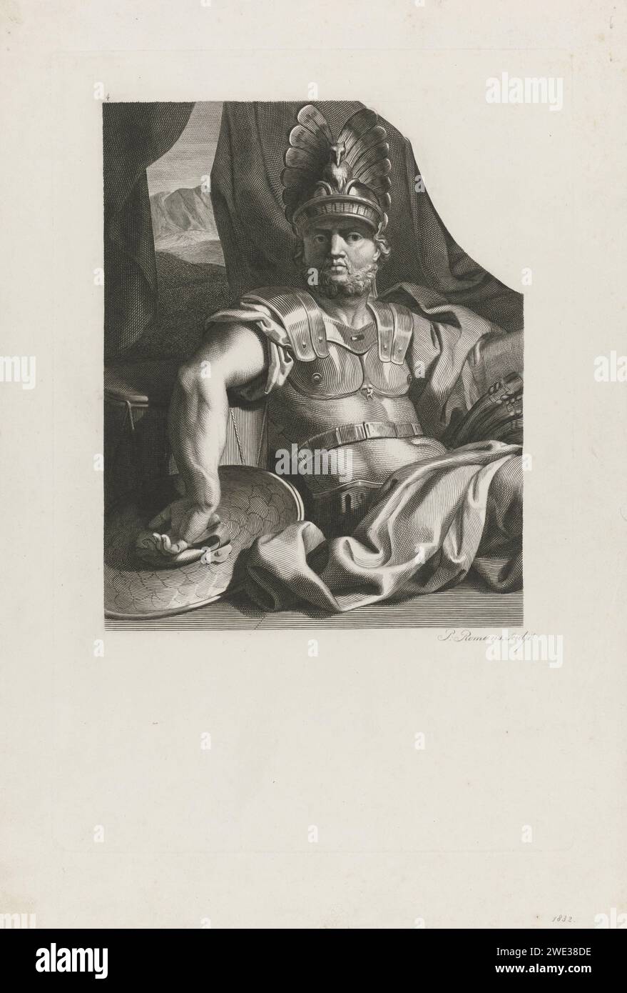 Roman Krijgsman, Pieter Romans, 1832 stampa Un guerriero romano (forse Marte) è in un'armatura a terra. Incisione su carta di Amsterdam (storia di) Marte (Ares). il soldato, la vita del soldato Foto Stock
