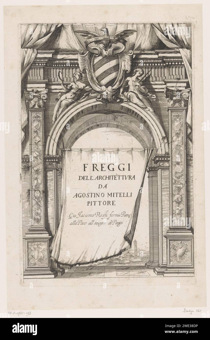 Stampa del titolo con porto e striscione con testo, agostino mitelli, tipografo a partire dal 1648: Italyafter disegno di: Italypublisher: Rome paper etching gate, ingresso. stemma (simbolo di sovranità) Foto Stock