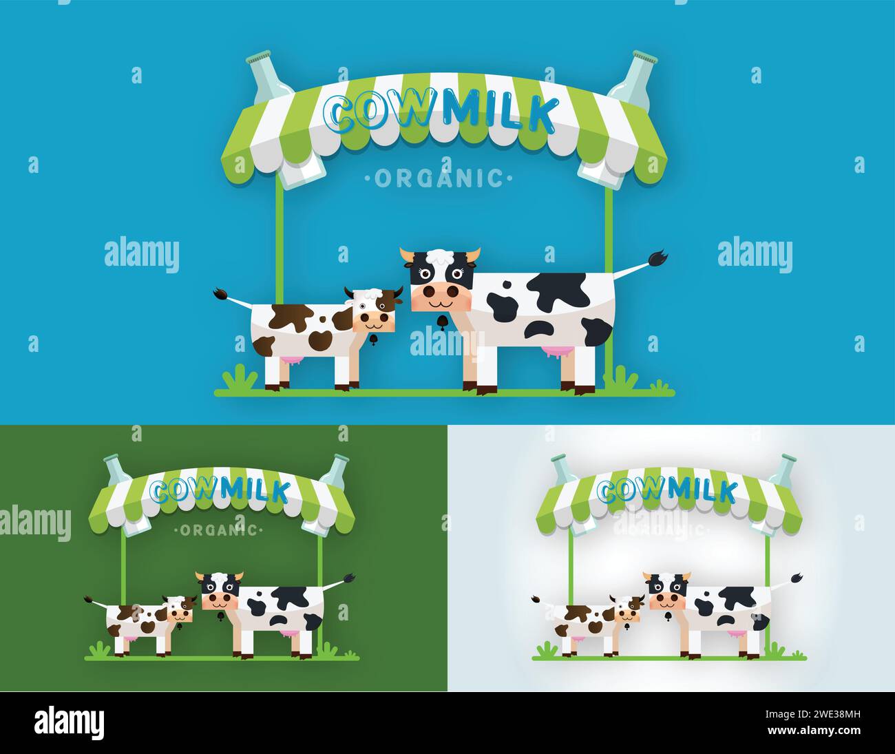 Set di modello vettoriale di disegno del logo di mucca Milk Farm. Etichetta, adesivo, icona. Simbolo per latte e scremato. Grafica Web, banner, pubblicità, brochure, bu Illustrazione Vettoriale