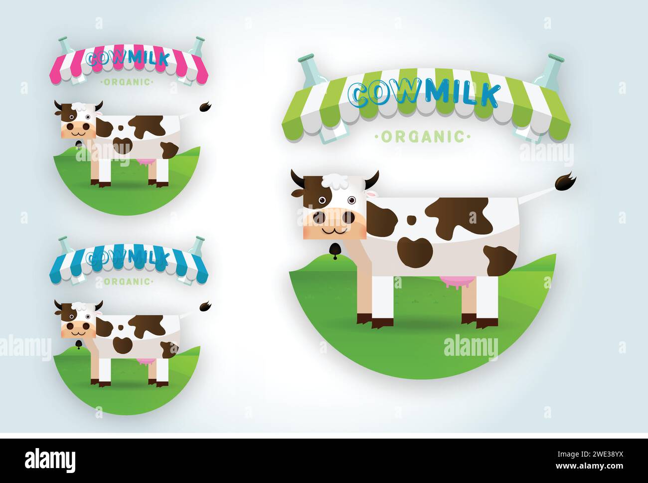 Set di modello vettoriale di disegno del logo di mucca Milk Farm. Etichetta, adesivo, icona. Simbolo per latte e scremato. Grafica Web, banner, pubblicità, brochure, bu Illustrazione Vettoriale