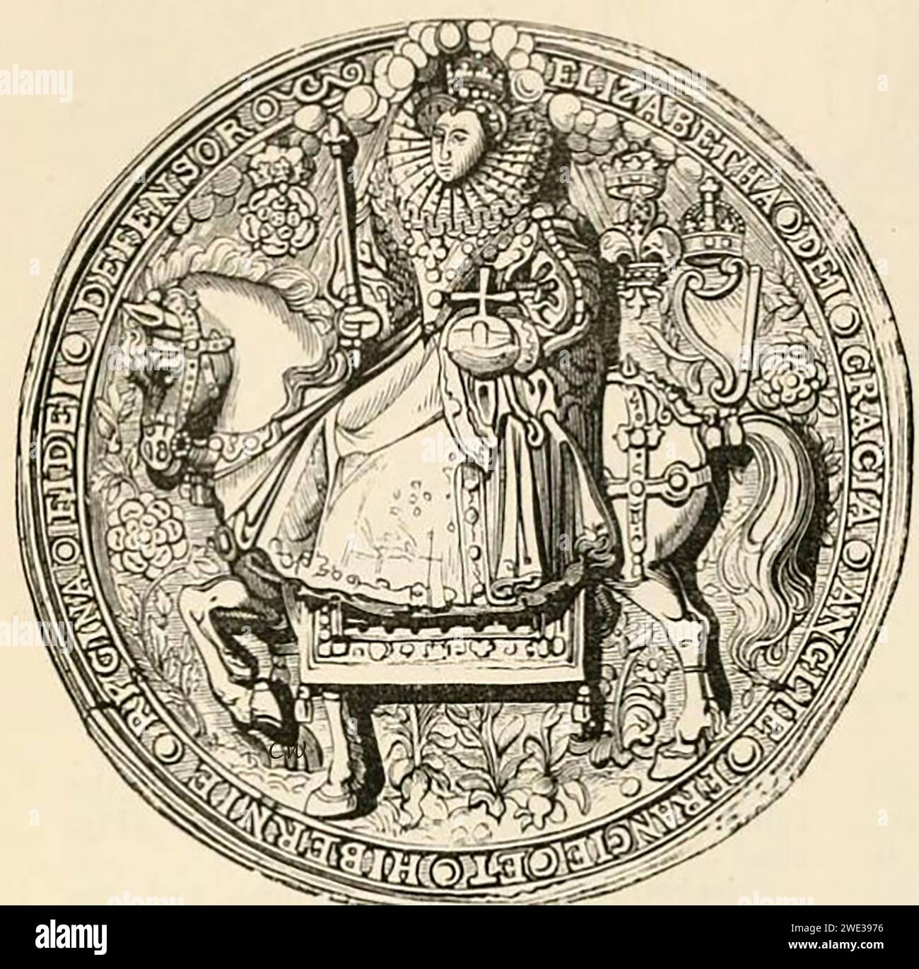 Un sigillo della regina Elisabetta i d'Inghilterra che la mostra a cavallo Foto Stock