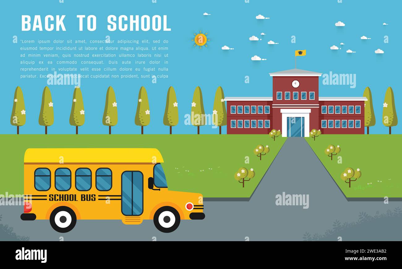 Scuola in un giorno d'estate con un prato verde e due alberi. Uno scuolabus giallo si trova di fronte alla scuola su una strada asfaltata. Cielo blu con nuvola Illustrazione Vettoriale