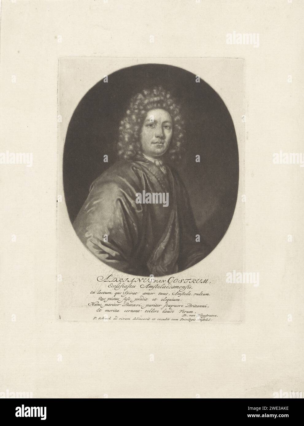 Ritratto del pastore Adriaan van Oostrum, Pieter Schenk (i), 1670 - 1713 stampa Amsterdam carta incisione parrucca Foto Stock