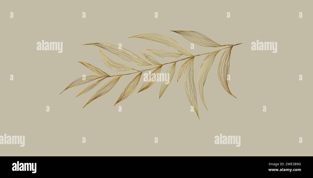 Ramo in oro di lusso con foglie, sfondo marrone orizzontale. Foto Stock