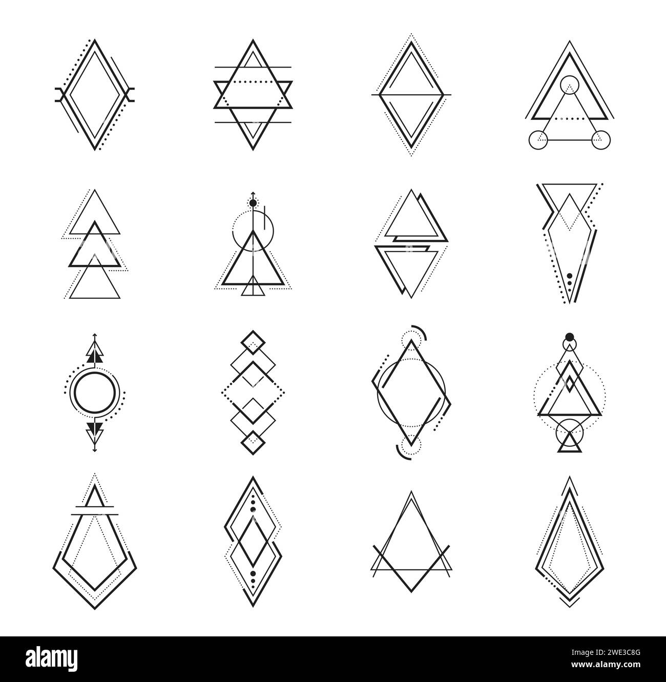 Tatuaggi geometrici di boho, simboli mistici vettoriali con arte bohémien, elementi di linea di alchimia e astronomia, triangoli, frecce e cerchi. Tatuaggi tribali boho con ornamenti di forme geometriche e puntini Illustrazione Vettoriale