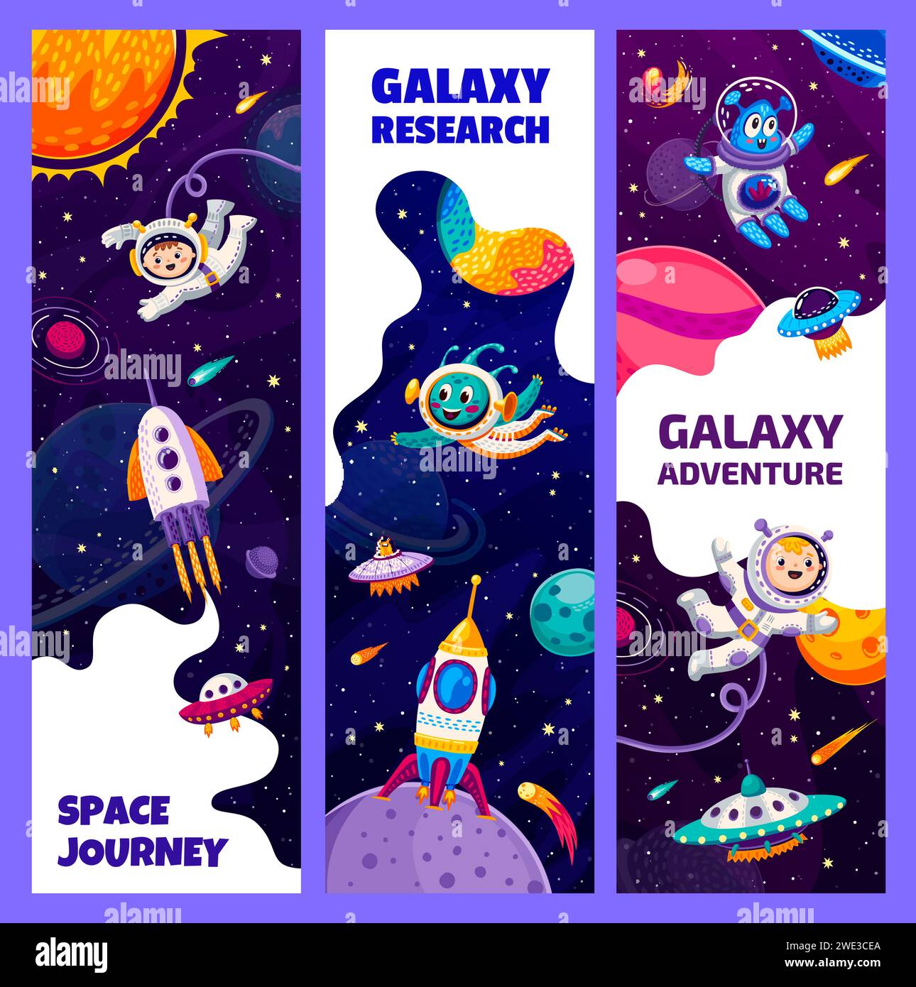 Ragazzi astronauti nello spazio. Alieni, UFO e pianeti spaziali galassici sullo sfondo di vettori stellari. Esploratori di cartoni animati, personaggi, razzi, dischi volanti e comete, ricerca nell'universo Illustrazione Vettoriale