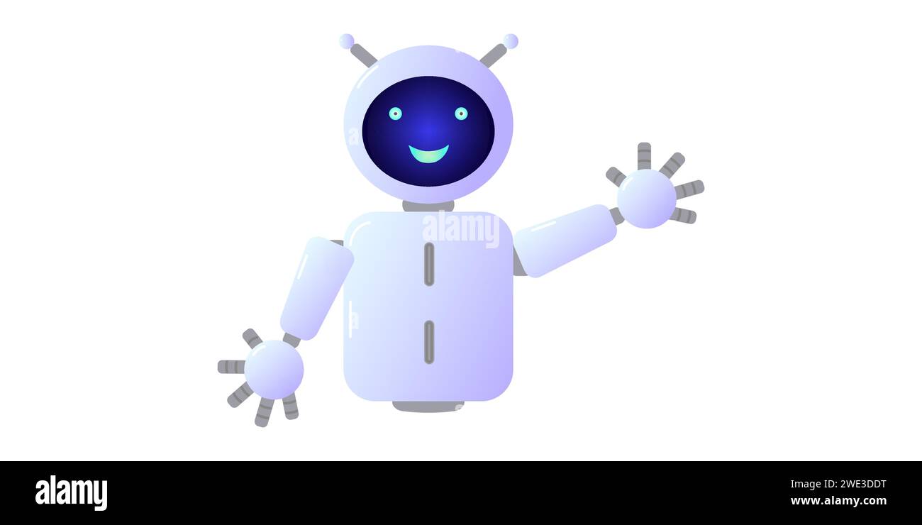 Assistente chatbot forma robot con ai 3d. Rete neurale bot simpatica e simpatica. Mano isolata con onde di carattere. Progettazione di siti web di applicazioni di social networking. Illustrazione vettoriale. Illustrazione Vettoriale