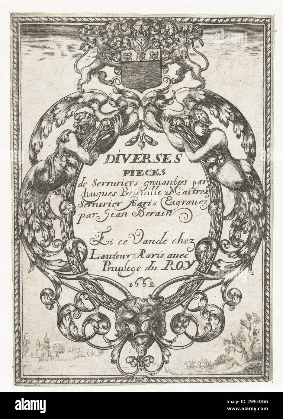 Titelblad: Vari pezzi di fabbri, Jean Berain (le Vieux), dopo Hugues Brisville, 1662 stampa il testo è in un cartiglio rotondo con una maschera in alto e una testa di leone in basso. Pagina del titolo della serie di 14 fogli con pastella, chiavi, battitori e pulsanti. Tipografia: Francia (possibilmente)dopo il disegno di: Parispublisher: Incisione su carta di Parigi Foto Stock