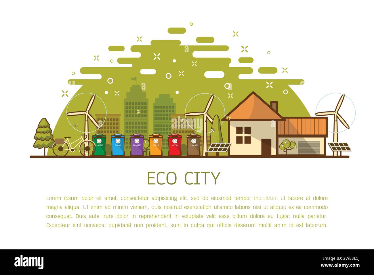 Illustrazione vettoriale del riciclaggio dei cestini concetto di gestione della segregazione dei rifiuti urbani. concetto di casa eco-sostenibile, energia rinnovabile, ec Illustrazione Vettoriale