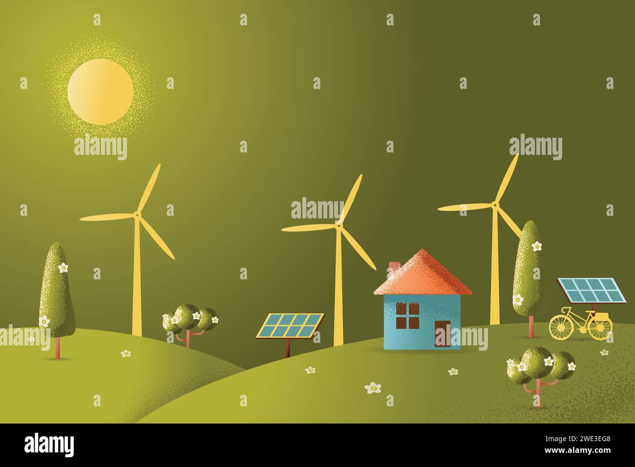 Bella casa ecologica - energia solare, energia eolica, energia verde, paesaggio urbano, illustrazione del concetto di struttura Vector. Illustrazione Vettoriale