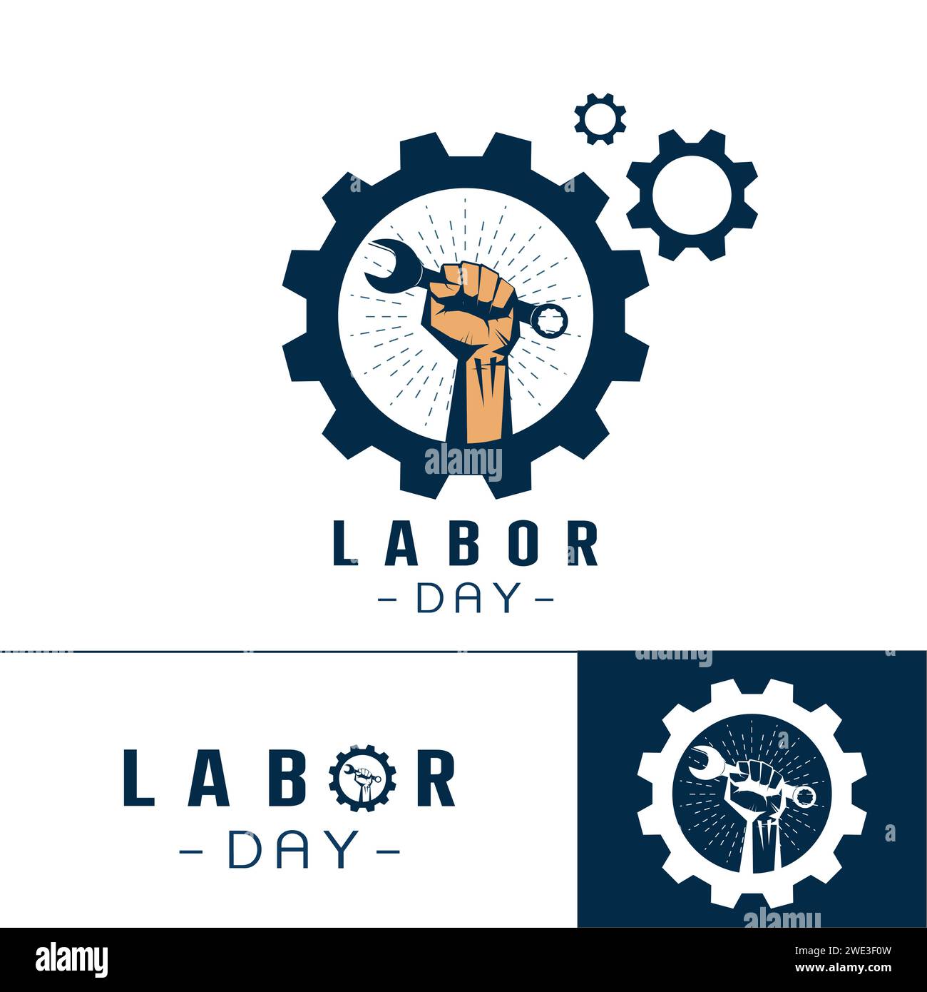 Set di Logo di Labor Day Concept con logo vettoriale con chiave a mano, disegno della t-shirt del giorno del lavoro, modello di banner americano su sfondo bianco Vector Illustrazione Vettoriale