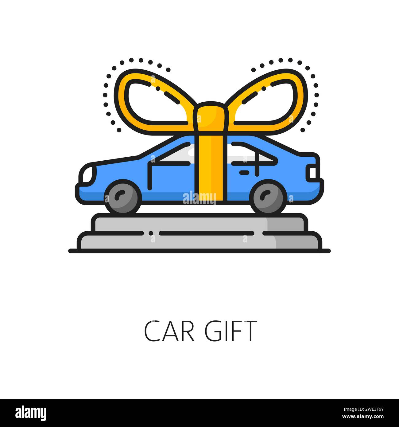 Icona della linea regalo auto per concessionaria e acquisto di veicoli o salone di vendita auto, vettoriale. Negozio di auto di lusso o negozio di automobili, icona di un'auto regalo con nastro per il centro commerciale automobilistico Illustrazione Vettoriale