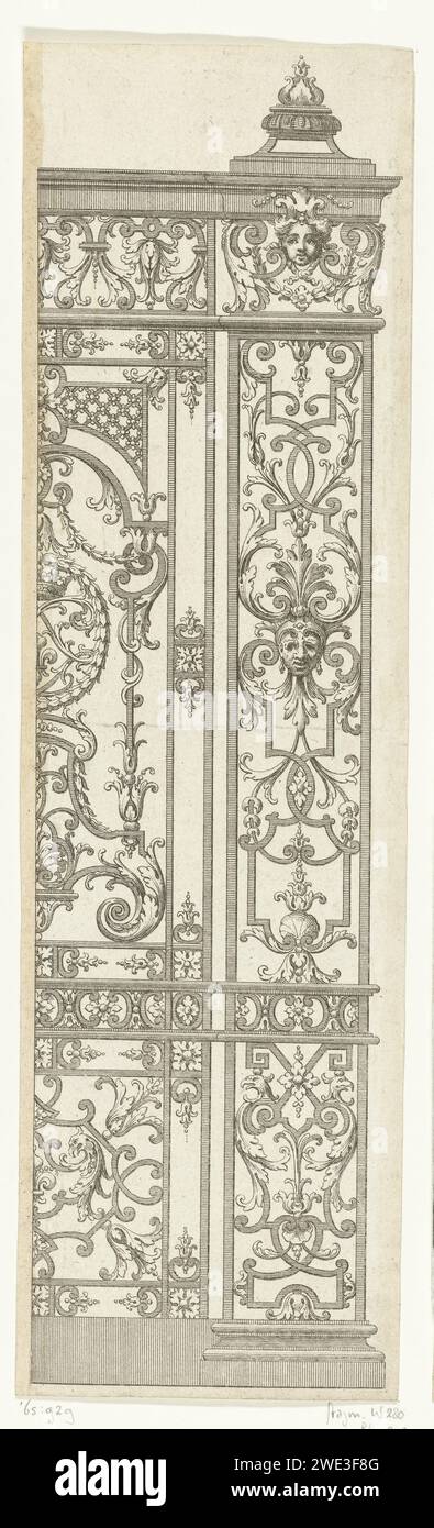 Poort Met hoekpilaster, Gérard Jean Baptiste Scotin (i), dopo Jean Berain (le Vieux), nel 1711 circa - prima del 1716 stampa due maschere sono incorporate nel cancello. Frammento di pagina 1 dalla serie di 5 lame. Seconda edizione. Tipografia: Francia (possibilmente)dopo il disegno di: Francia (possibilmente)editore: Paris paper etching Foto Stock