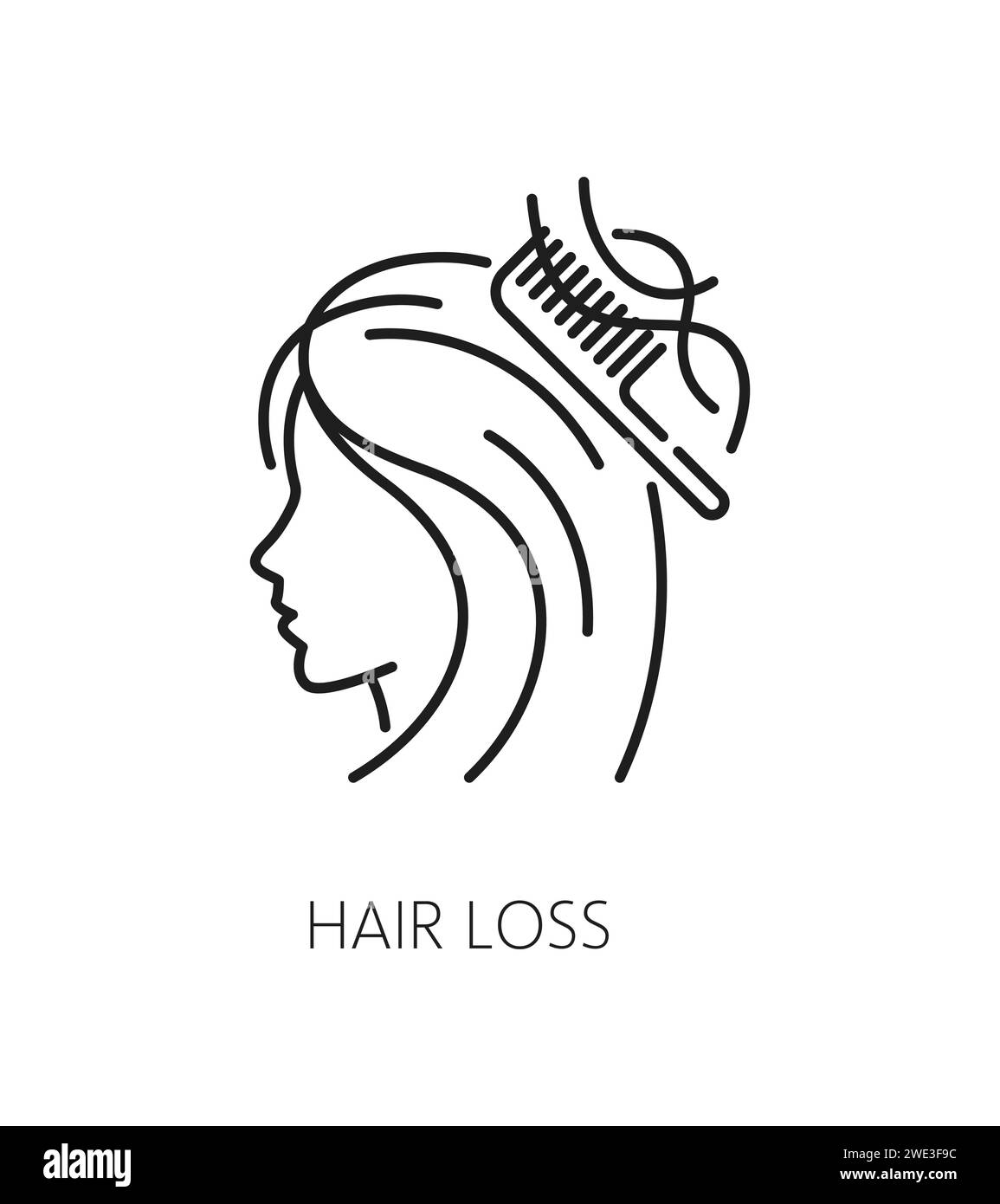 Icona di perdita dei capelli, segno lineare vettoriale isolato per la cura e il trattamento dei capelli, presenta una rappresentazione semplificata di una testa femminile con sfoltimento o caduta di capelli sul pettine, a simboleggiare il problema di bellezza Illustrazione Vettoriale